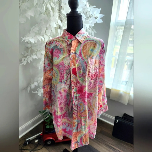 Ralph Lauren Tops - Ralph Lauren Floral Pink Button Down Womens Shirt Size S/M 3/4 Sleeve